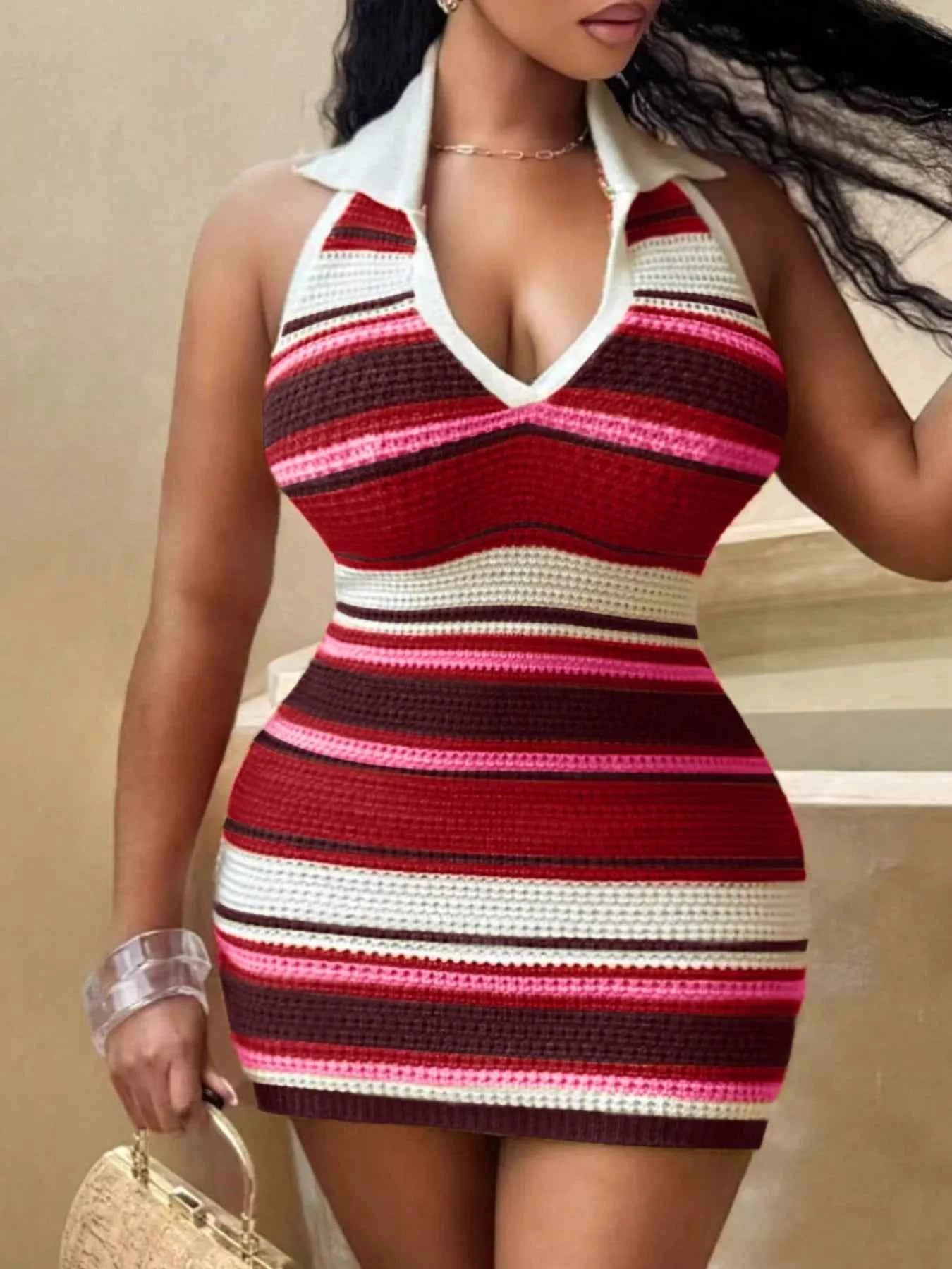 Striped Halter Neck Knit Mini Dress