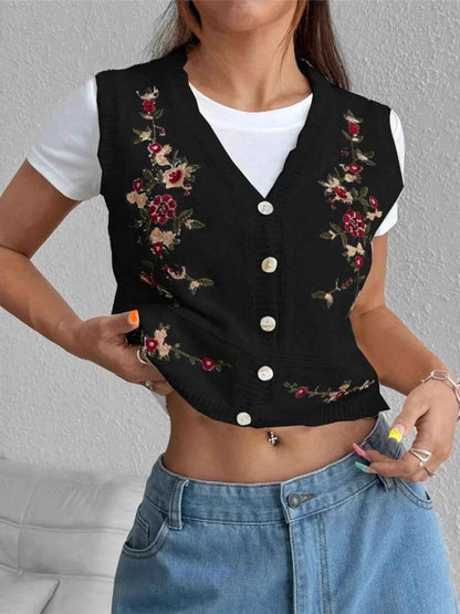 Embroidered Button Up Sweater Vest