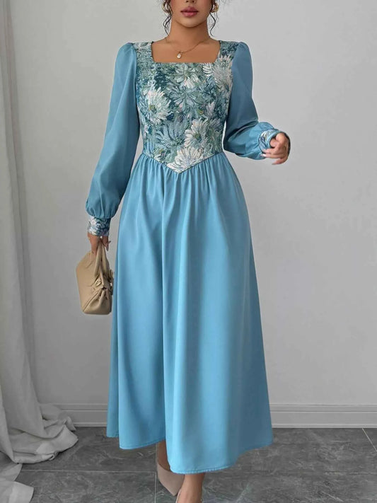 Floral Square Neck Lantern Sleeve Dress