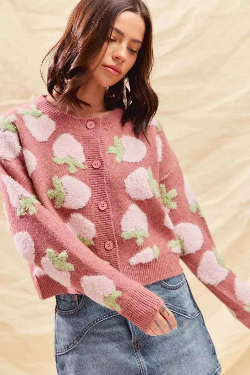 SO ME Strawberry Fruit All Over Button Sweater Cardigan