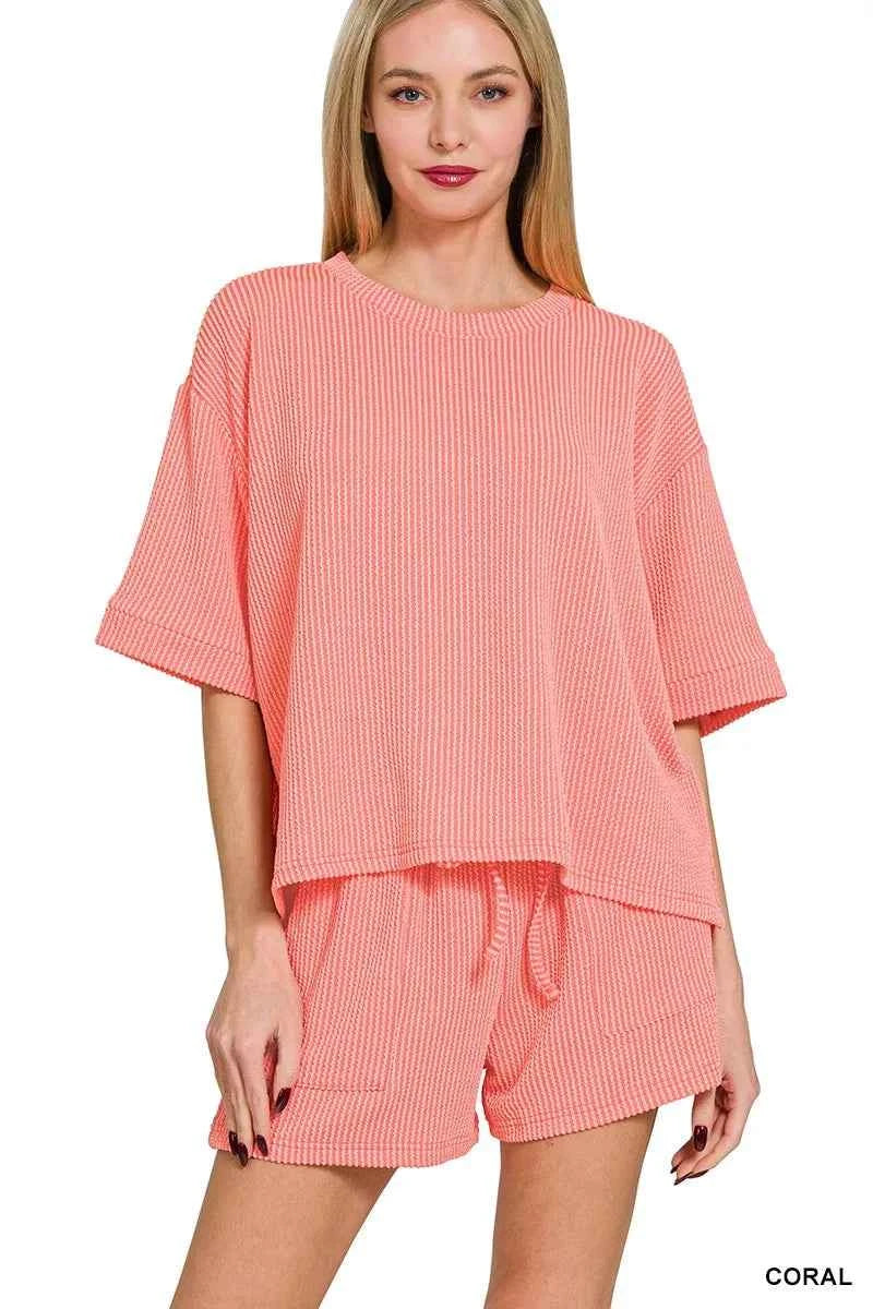 Zenana Raised Rib Short Sleeve Tee and Drawstring Shorts Set