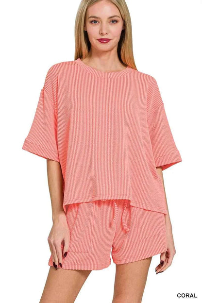 Zenana Raised Rib Short Sleeve Tee and Drawstring Shorts Set