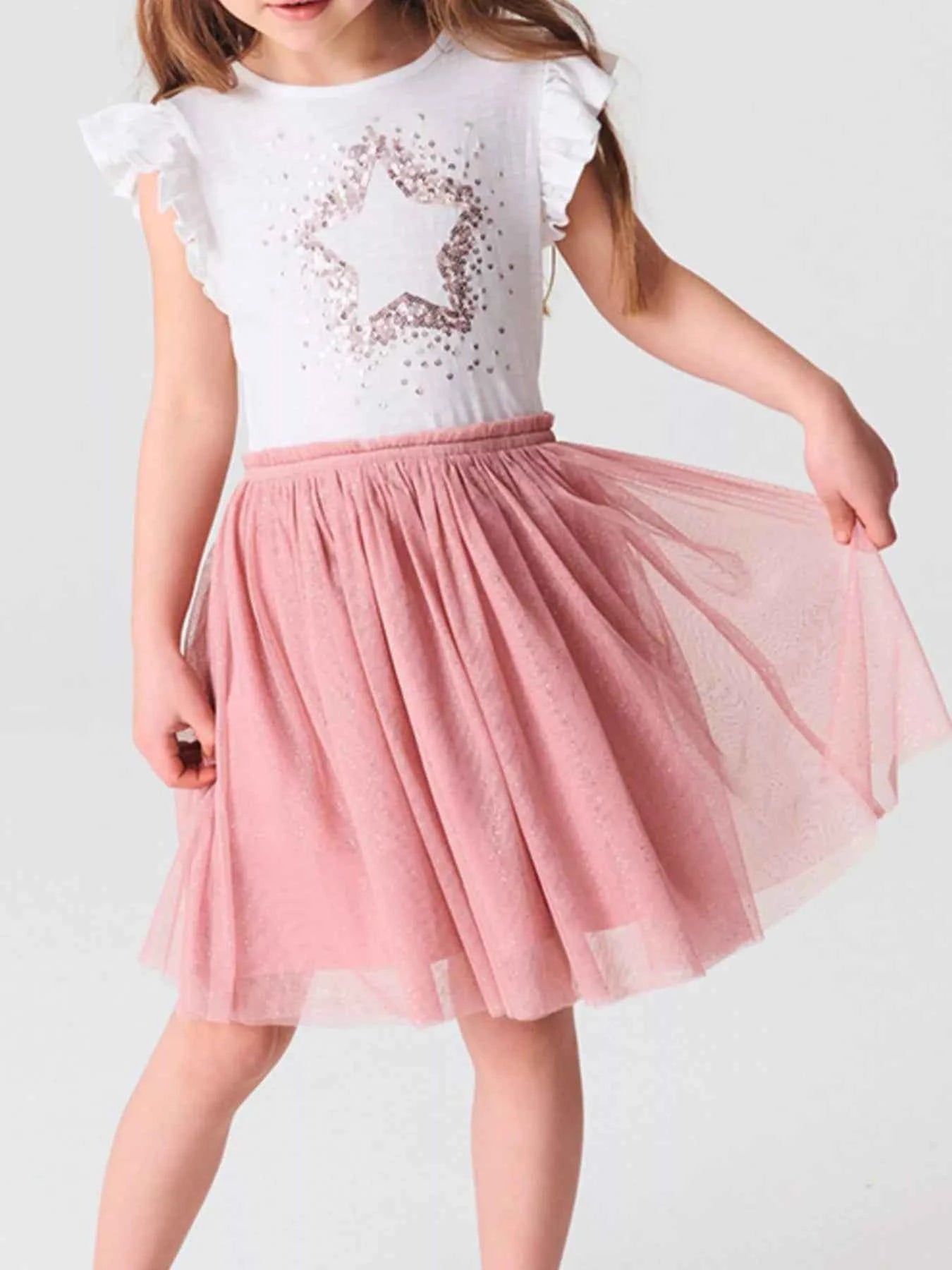 Children's Star Sequin Tulle Ruffled Sleeveless Dress