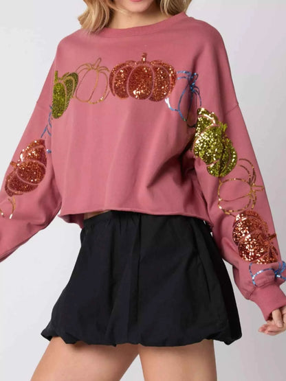 Sequined Pumpkin Halloween Crop Sweatshirt