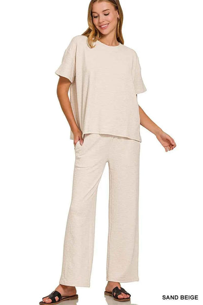 Zenana Slub Short Sleeve T-Shirt and Pants Set