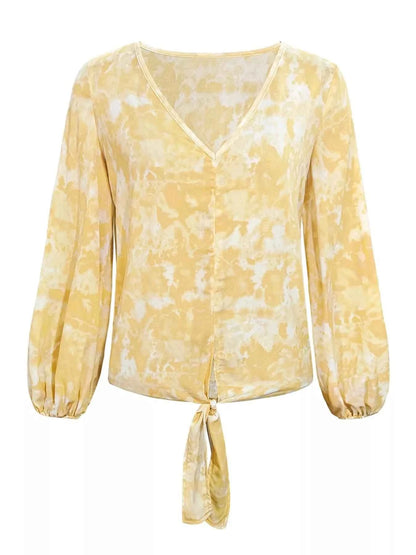 V-Neck Long Sleeve Tie-Front Blouse