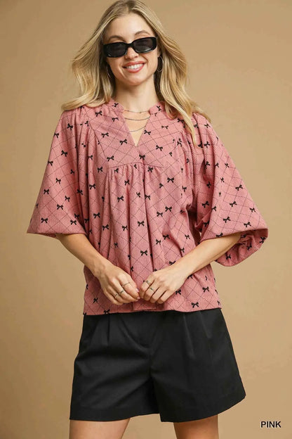 Umgee Corduroy Bow Print Balloon Sleeve Blouse