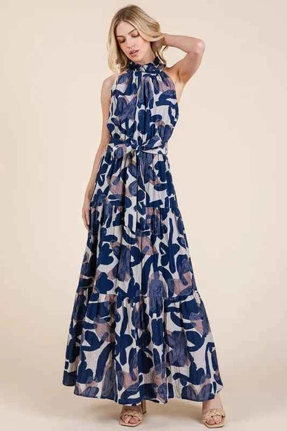 Lime 'N' Chili Abstract Halter Neck Tie-Waist Tiered Maxi Dress