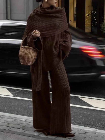 3-Piece Crew Neck Ribbed Sweater and Wide-Leg Pants Set with Scarf