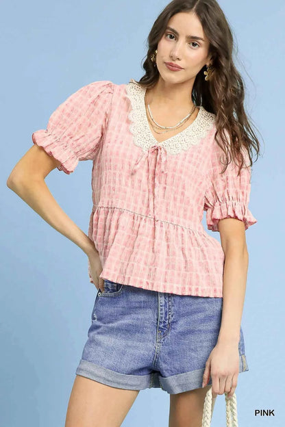 Umgee Short Sleeve Gingham Lace Peplum Blouse