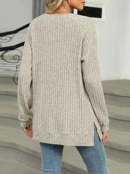 Round Neck Side Slit Ribbed Knit Top with Asymmetric Button Detail