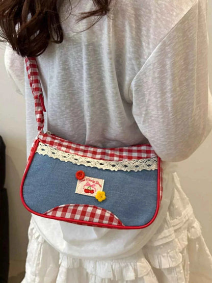 Cherry Plaid Strap Crossbody Bag