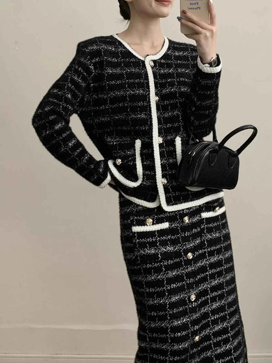 Tweed Contrast Trim Jacket and Skirt Set