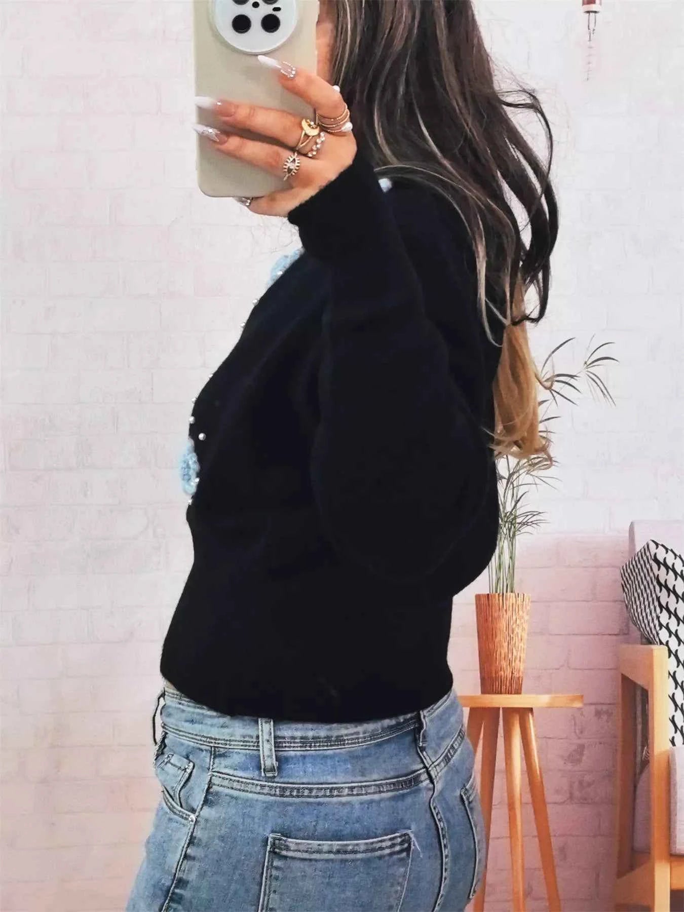 Flower Pearl Detail Ribbed Hem Sweater
