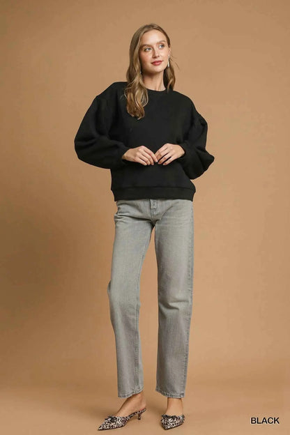 Umgee Round Neck Sweatshirt with Pleated Detail