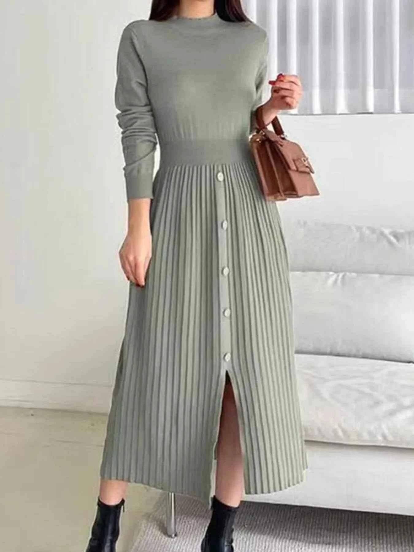 Slit Front Mock Neck Long Sleeve Knit Dress