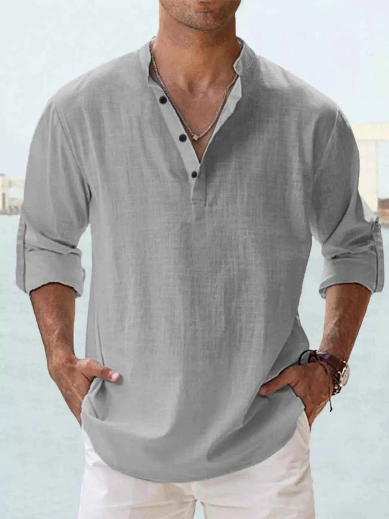 Men's Full Size Casual Button Detail Roll-Up Sleeve Blouse Plus Size