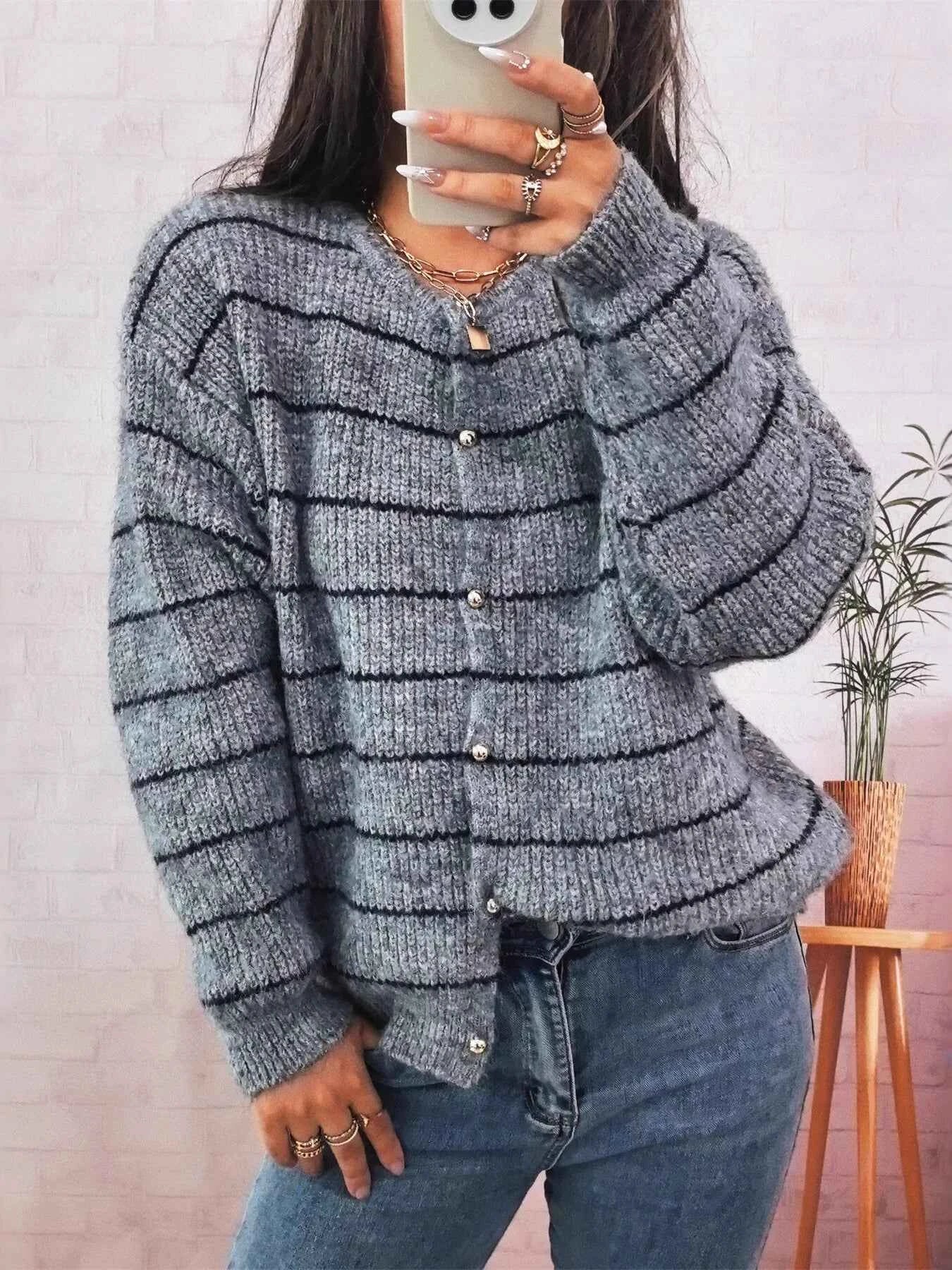 Striped Button Up Long Sleeve Cardigan