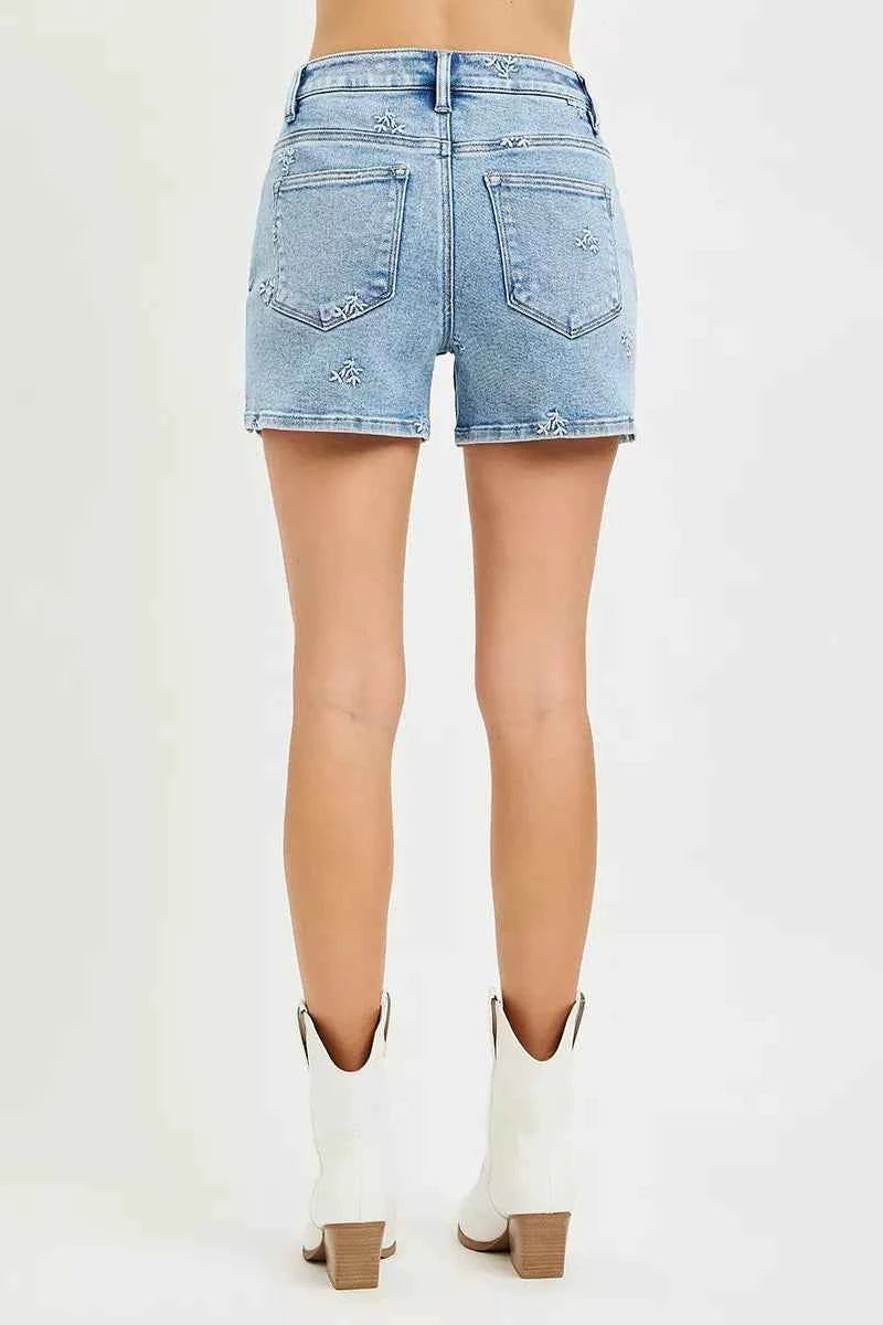 RISEN High Rise Denim Shorts with Embroidered Detail