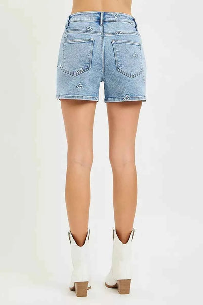 RISEN High Rise Denim Shorts with Embroidered Detail