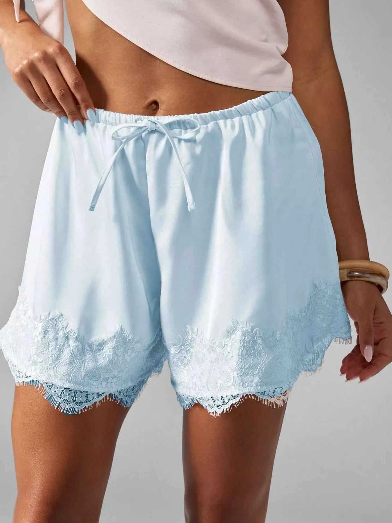 Lace Trim Drawstring Casual Shorts
