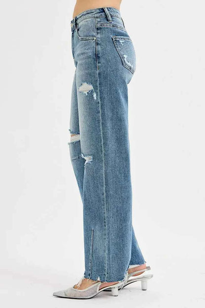 RISEN Full Size Mid Rise Fit Wide Baggy Leg Tie Washed Jeans Plus Size