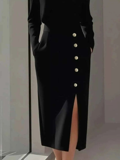 Long Sleeve Button Detail Midi Dress with Side Slit