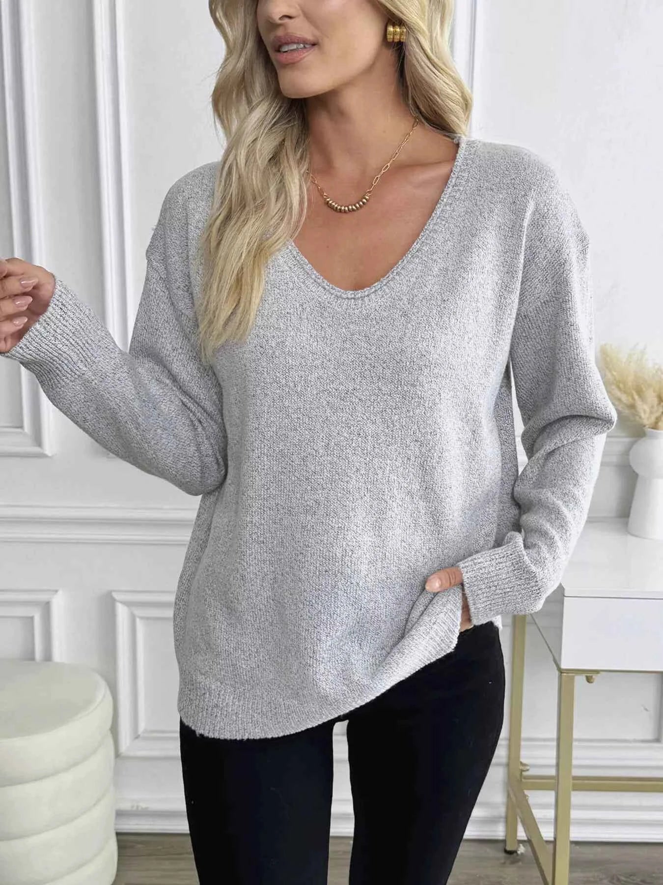 Casual V-Neck Drop Shoulder Sweater