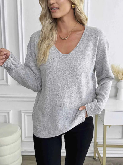 Casual V-Neck Drop Shoulder Sweater