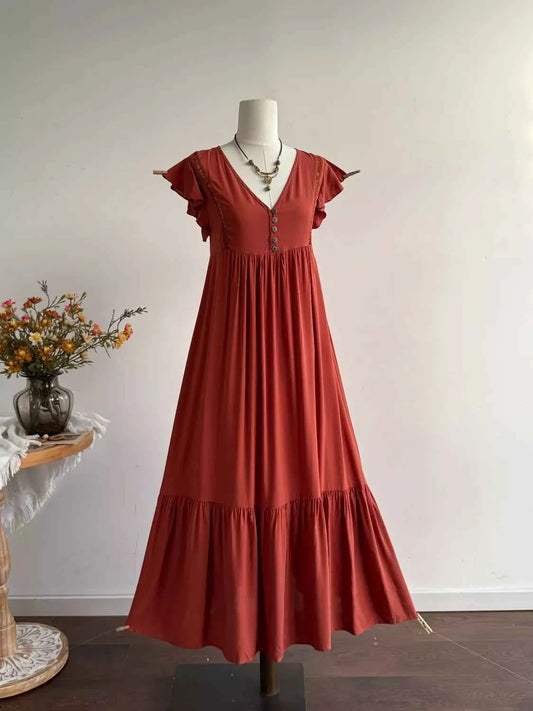 Ruffle Sleeve Maxi Dress with Button Detail