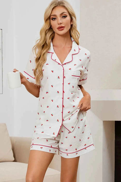 Cheery Print Collared Neck Top and Shorts Lounge Set