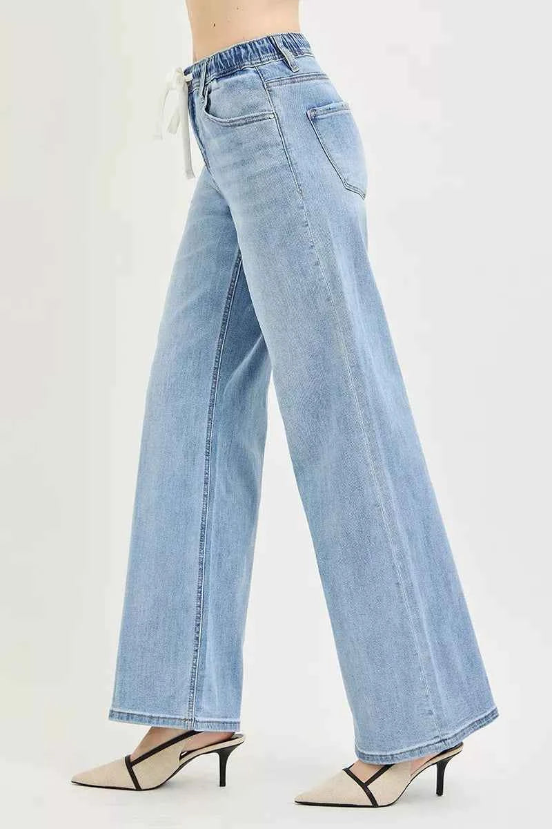 RISEN Elastic Band Slouchy Wide Jeans with Drawstring
