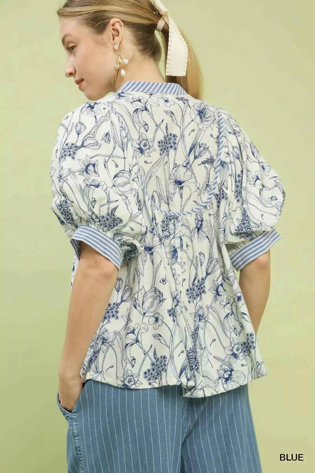 Umgee Mixed Print Puff Sleeve Split Neck Top