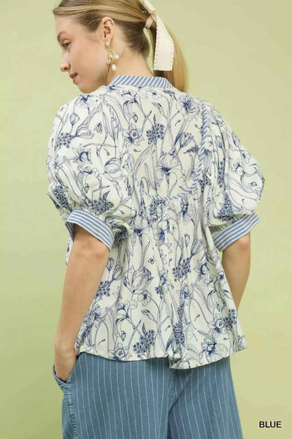 Umgee Mixed Print Puff Sleeve Split Neck Top