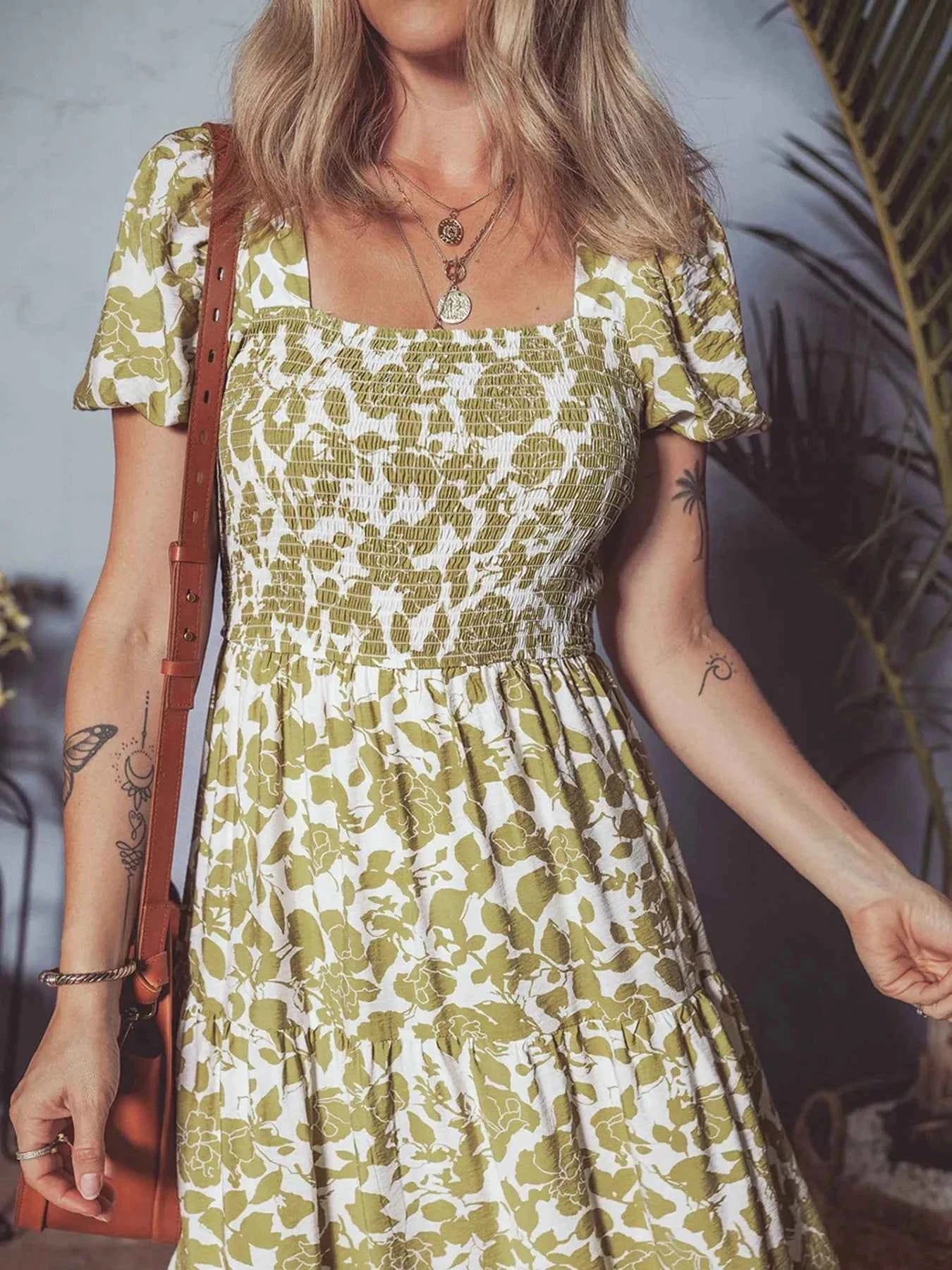 Boho Floral Square Neck Smocked Bust Puff Sleeve Tiered Dress