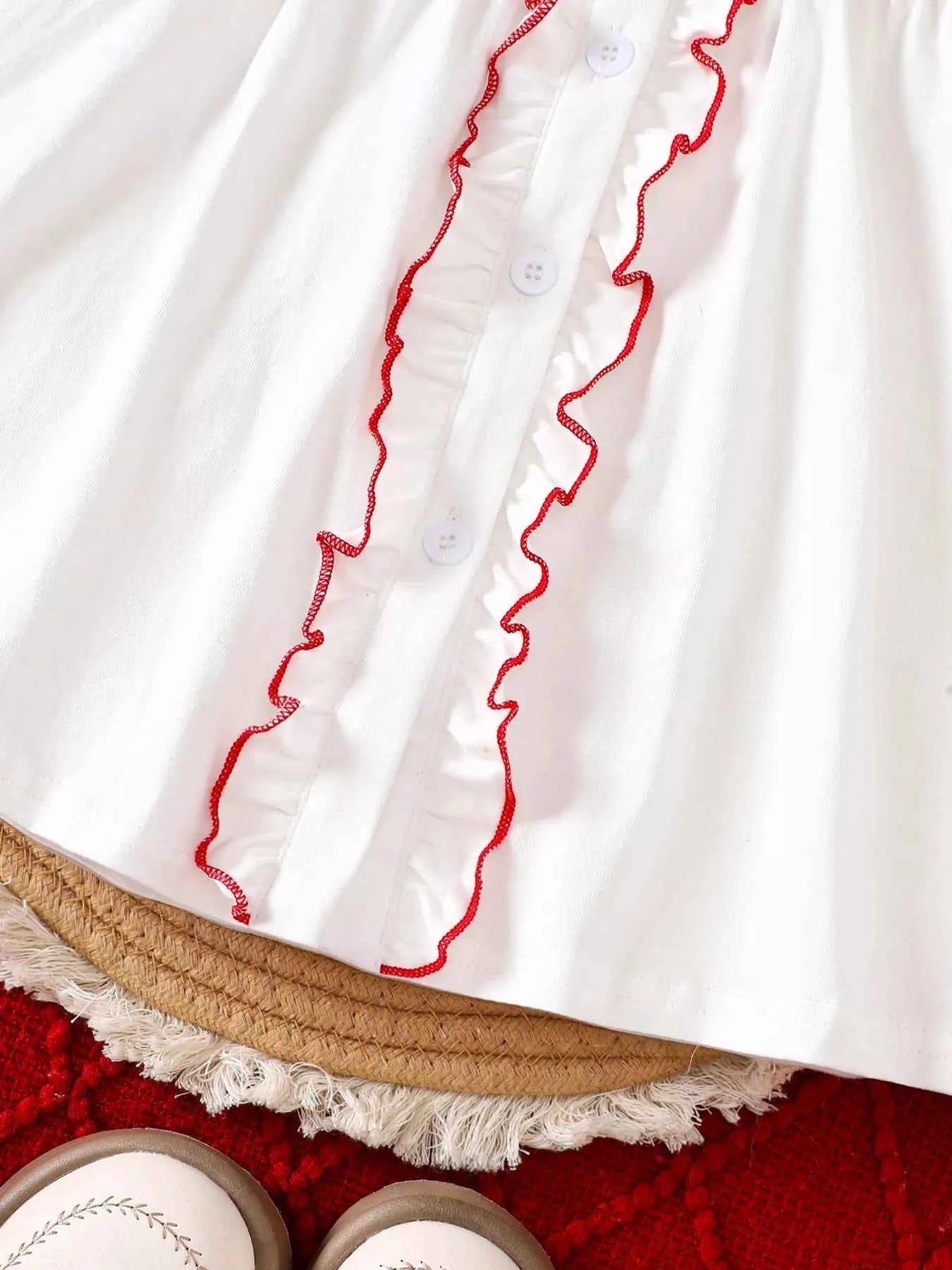 Children's Christmas Tree Embroidered Ruffle Trim Dress