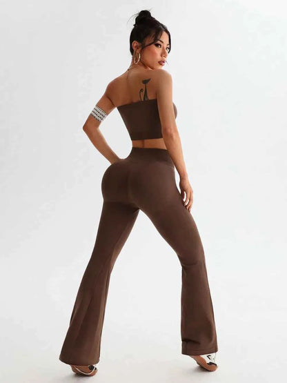 Tube Top and High Waist Flare Pants Active Set