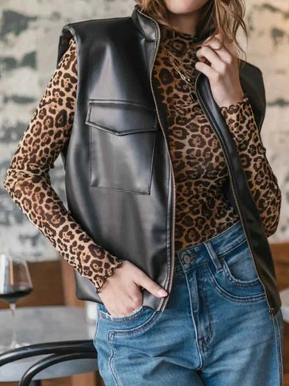 Leather Sleeveless Vest Coat with Zipper Closure
