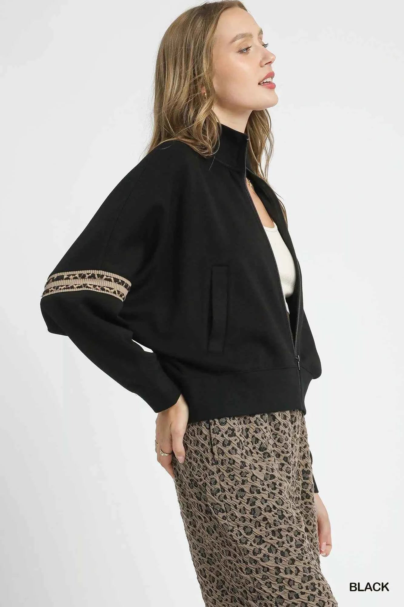 Umgee Zipper Up Cropped Jacket with Leopard Trim