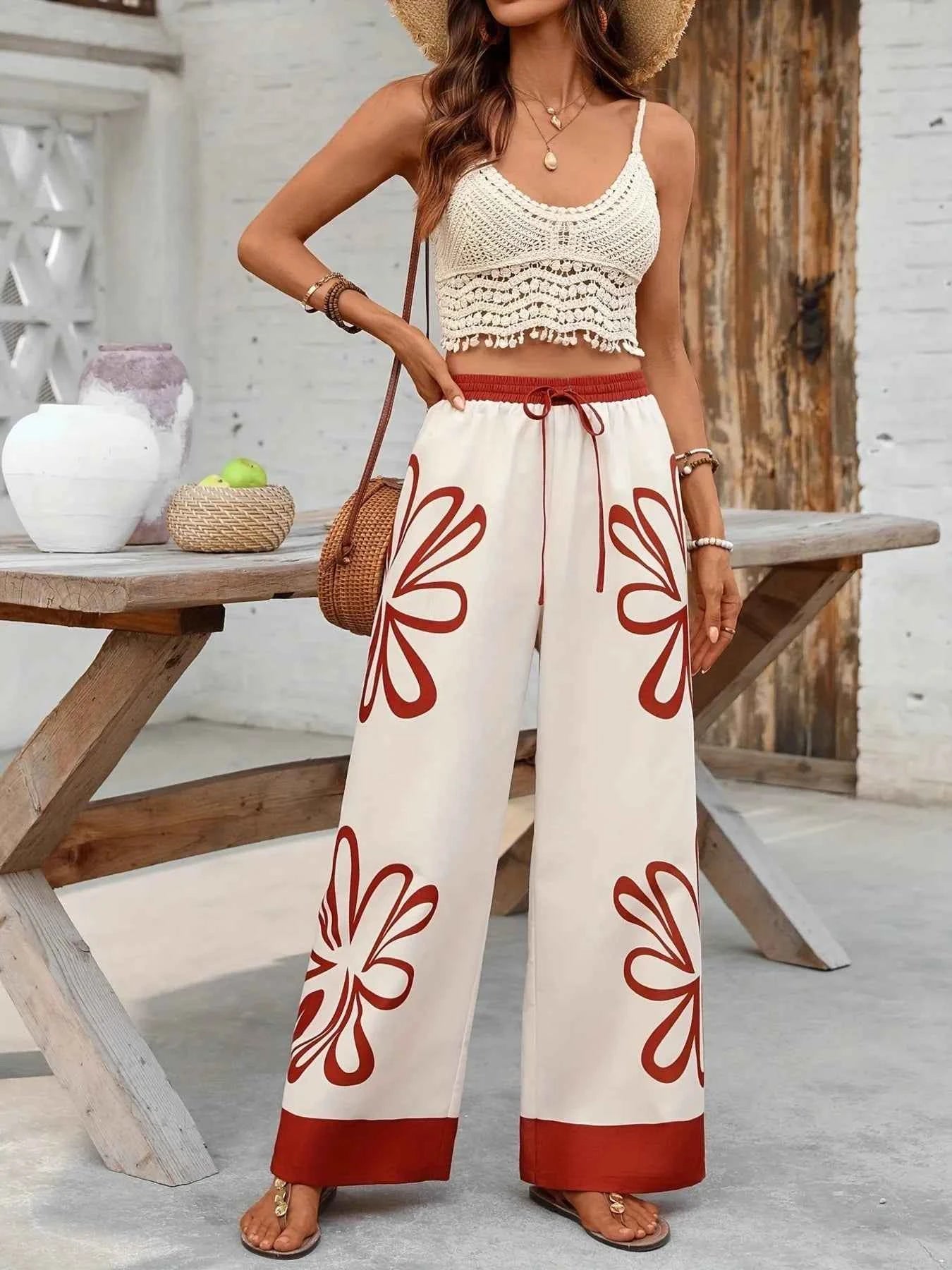 Floral Drawstring Wide Leg Pants
