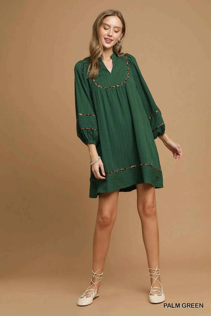 Umgee Textured Babydoll Dress with Leopard Trim