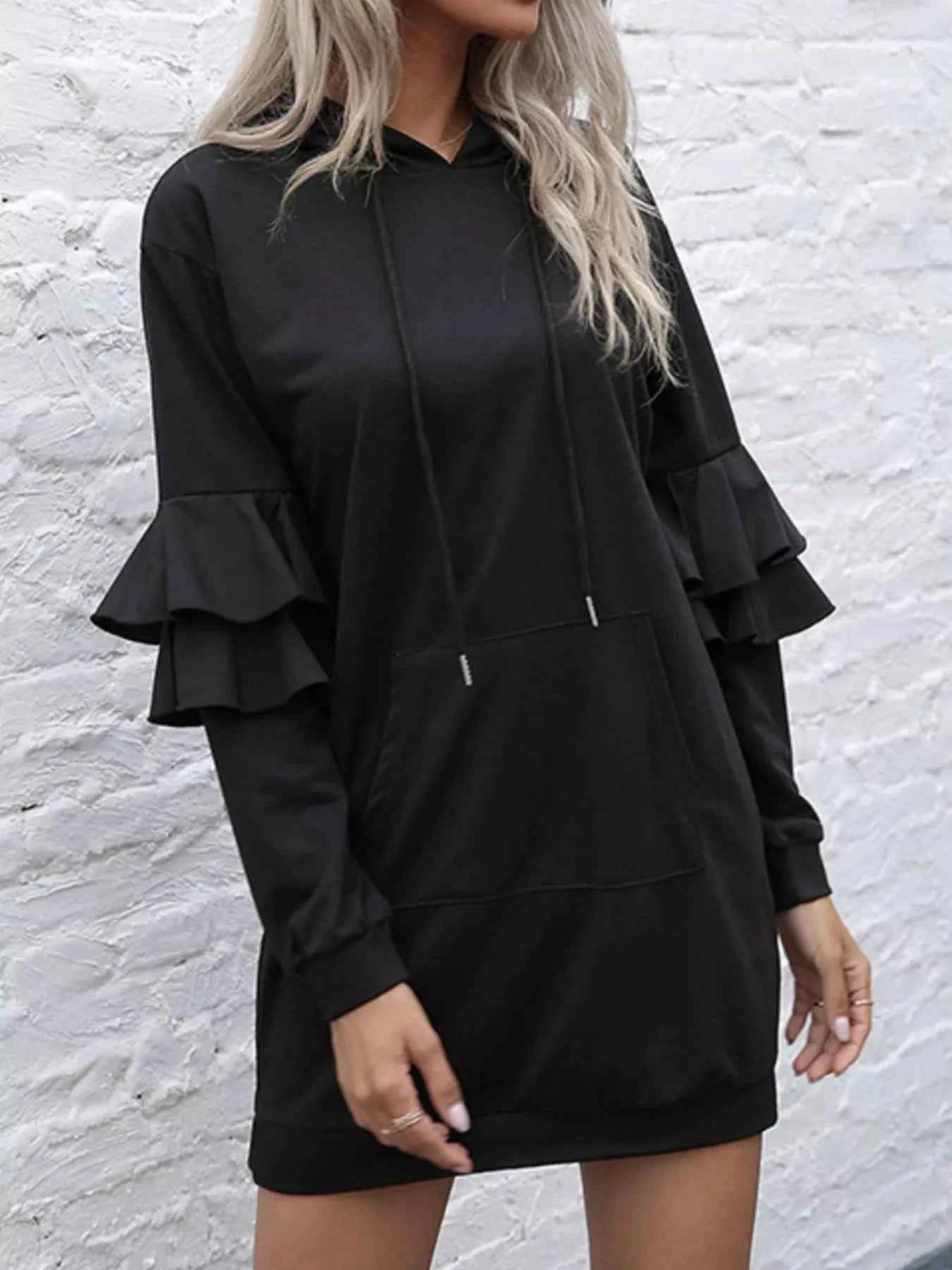Ruffled Drawstring Long Sleeve Hooded Dress