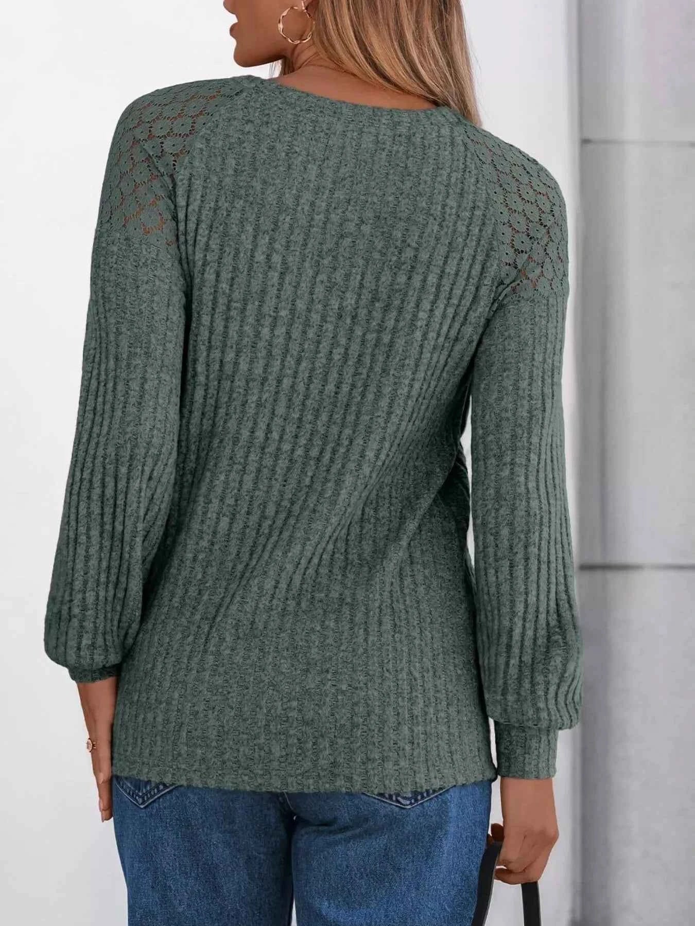 Ribbed Knit T-Shirt with Lace Shoulder Detail
