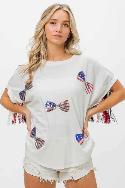 BiBi American Flag Sequin Ribbon T-Shirt