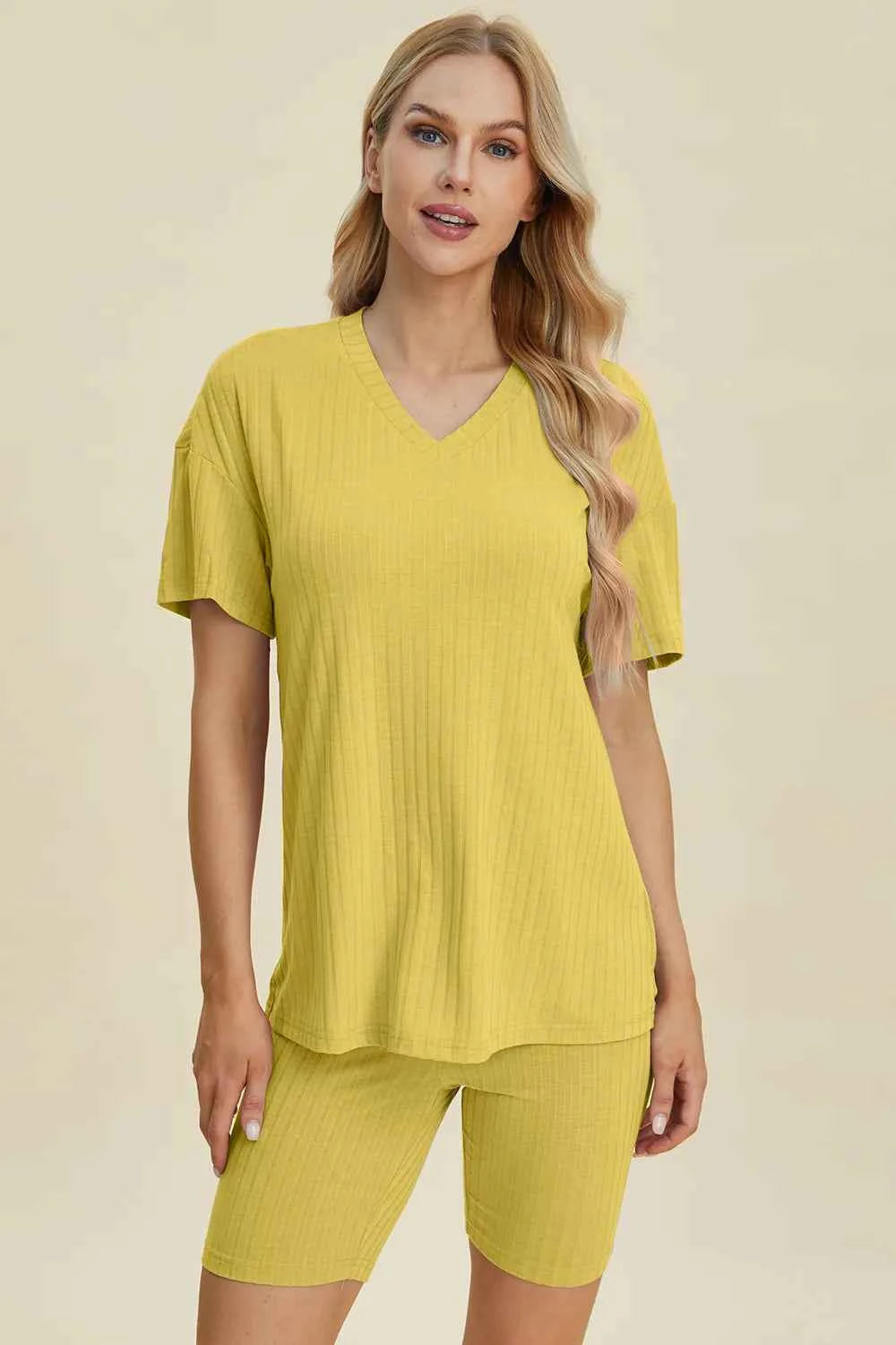 Basic Bae Full Size Ribbed V-Neck Short Sleeve Top and Shorts Set