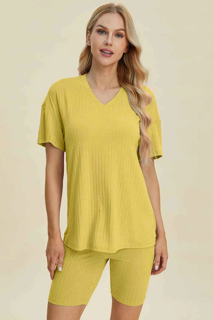 Basic Bae Full Size Ribbed V-Neck Short Sleeve Top and Shorts Set