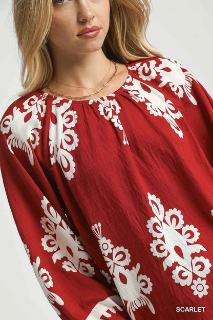 Umgee Two Tone Border Print Top with Balloon Sleeves