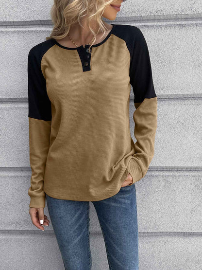 Ivy Lane Contrast Buttoned Round Neck Raglan Sleeve Top