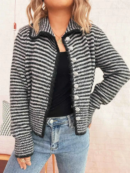 Striped Button-Up Long Sleeve Cardigan