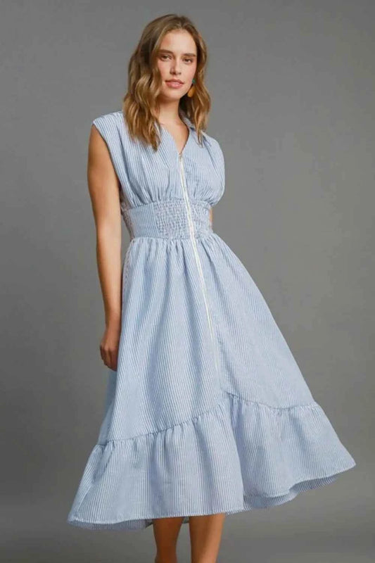 Umgee Full Size Striped Midi Dress with Smocked Waist Plus Size
